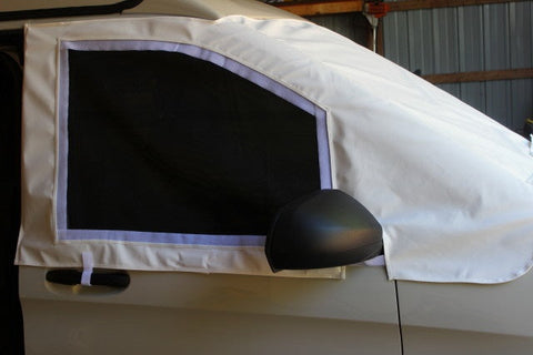 Promaster City cab window cover with bug screens - Shown on Metris