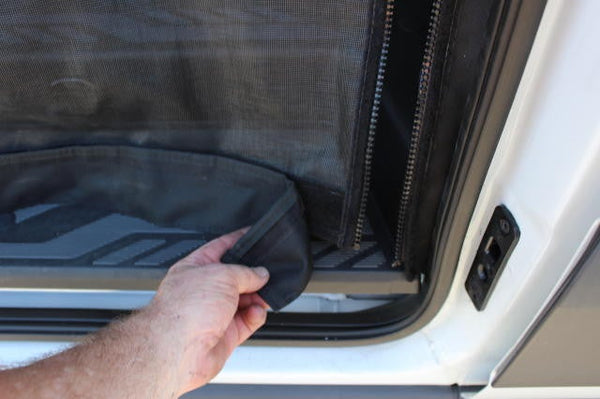 Example - NV200 Nissan insect screen adjustable bottom sweep shown on Transit van