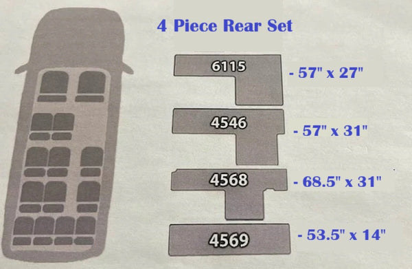 4-piece rear 14 passenger Transit carpet set with dimensions  