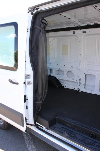 Example - Promaster City van slider door insect screen rolled up shown on Transit van