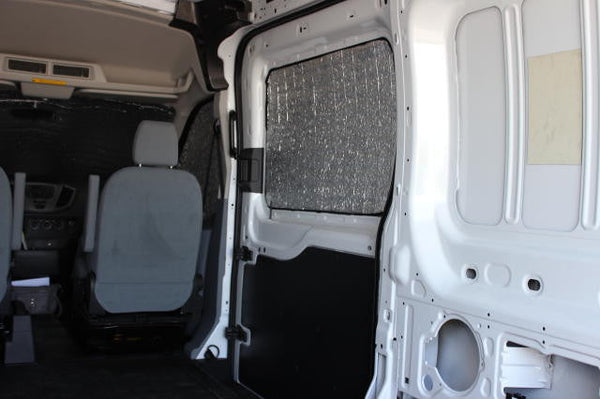Promaster City cargo window insulation inside sliding door view - Shown on Transit