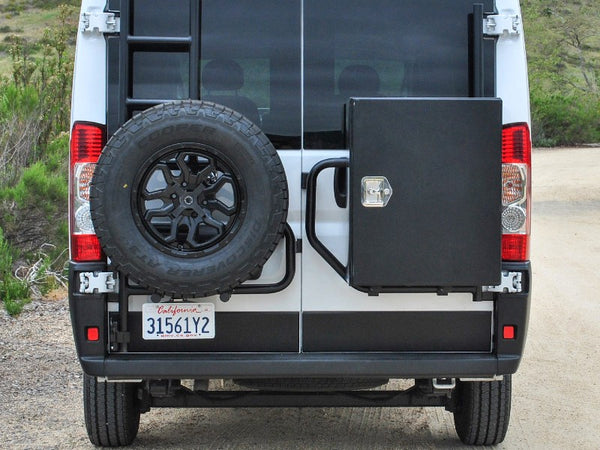 Promaster rear driver side hing mount tire carrier - other items not included - this is a sample photo only, passenger side box carrier has a full loop at top hinge now - see other photos