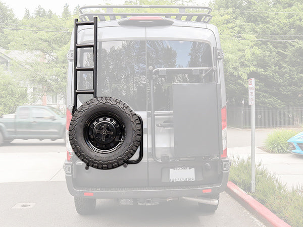 Transit tire rack and ladder combo with fold out bottom steps