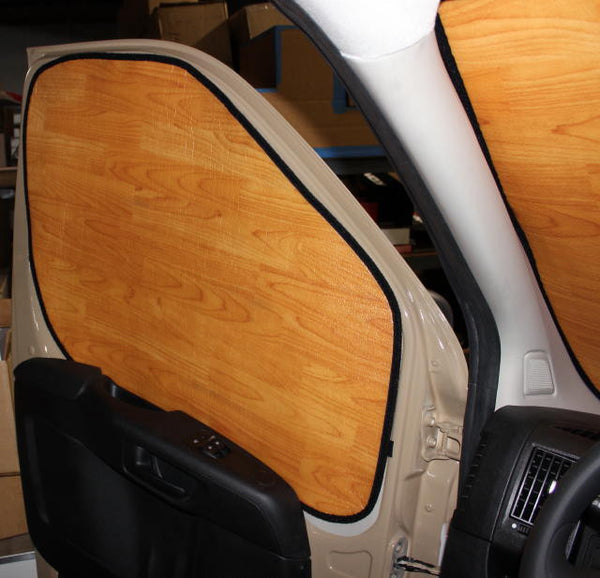 Example - Nissan NV cab insulation drivers side window, older light woodgrain pattern- shown on Promaster van