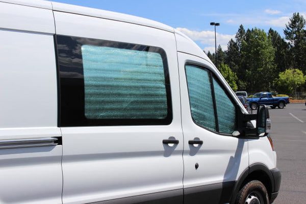 Promaster mix and match window insulation panels outside view on a Transit van